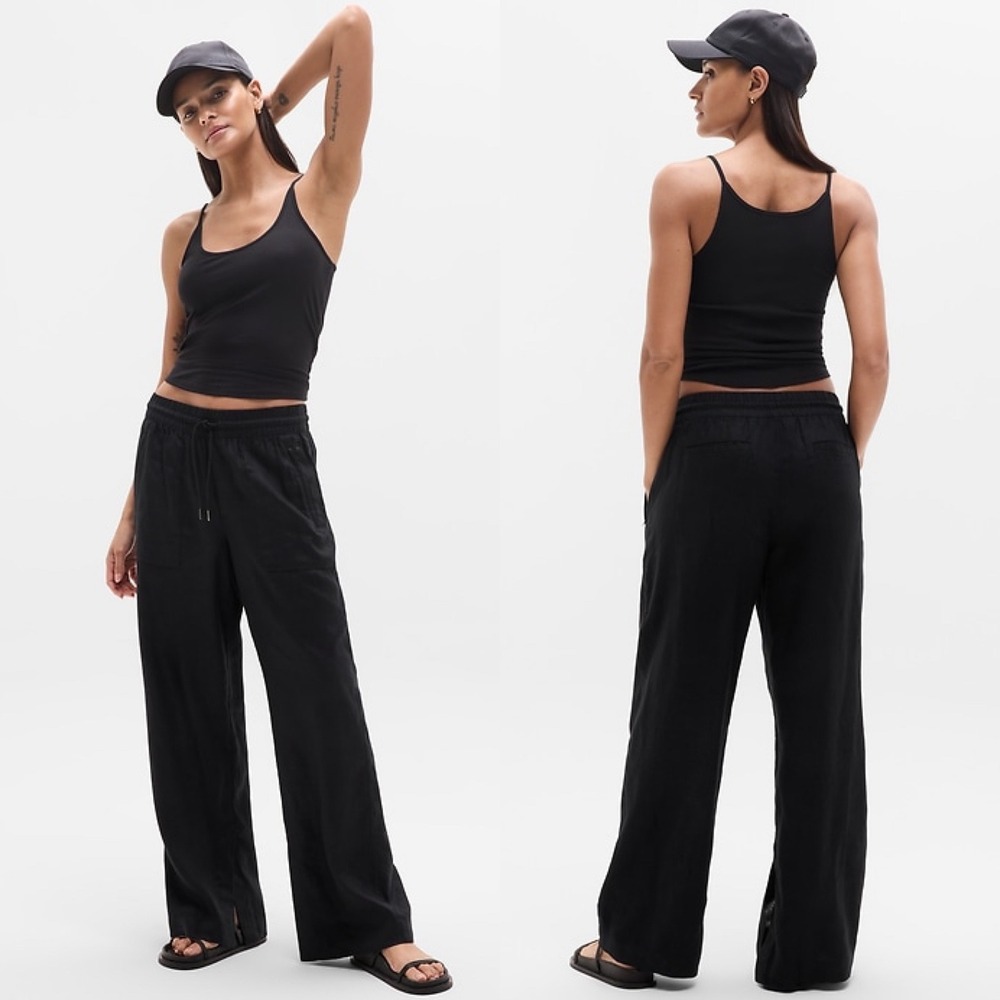 Athleta Retreat Linen Wide Leg Pants L Black High Rise Coastal Quiet Luxury